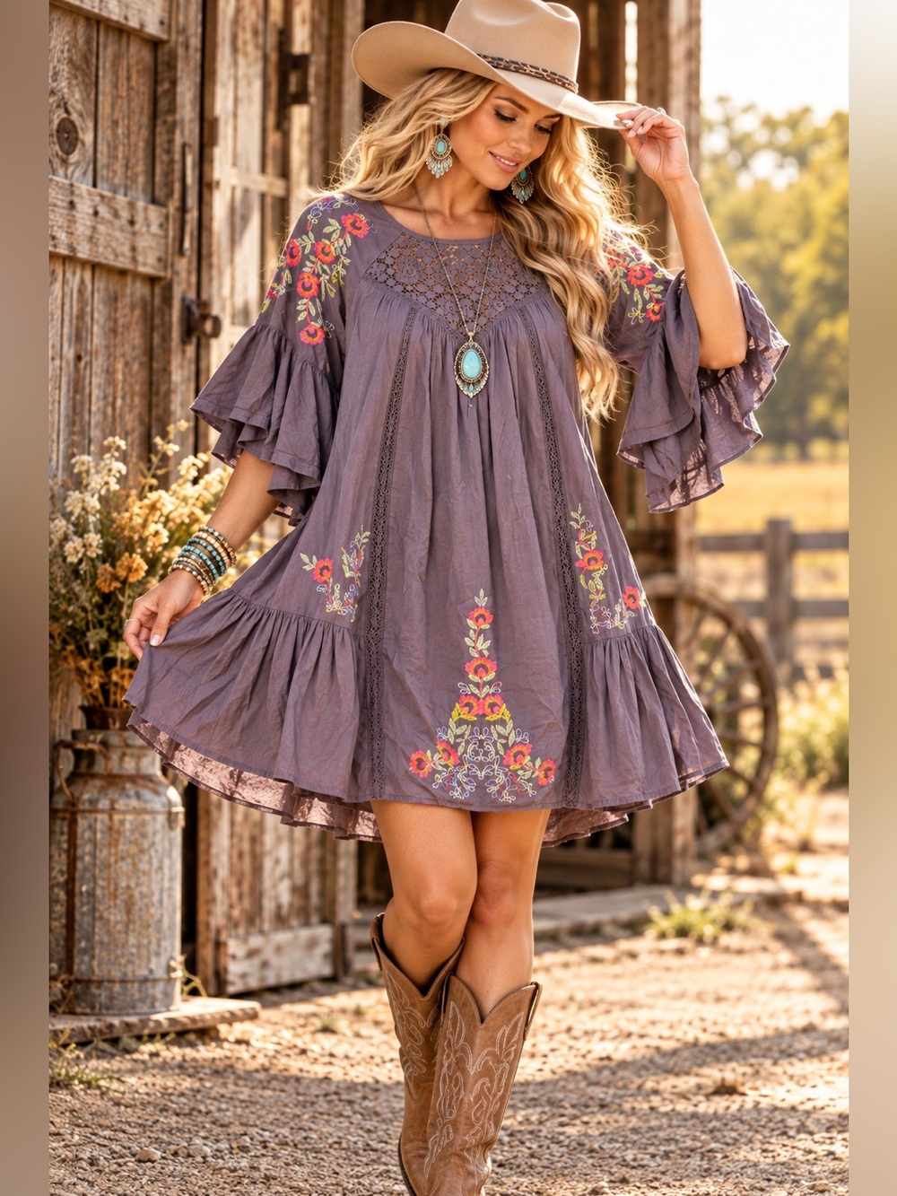 Altar’d State Lexia Embroidered Boho Bell Sleeve Dress M NWT Gray